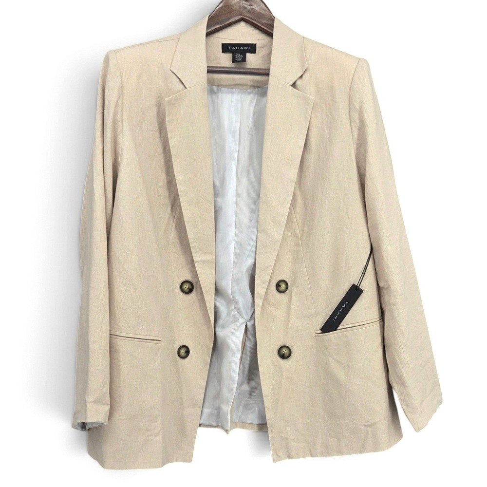 Tahari 1X NWT Beige Linen Blend Double Breasted Blazer Quiet Luxury Workwear